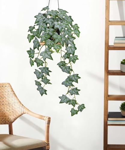 GnFlus Realistic Fake Pothos Ivy Plant with Pot Artificial Leaves Featuring a White Frosted Finish for Home Shelf Decor Indoor Silk Artificial Plant Large - color: White/Green-black Pot