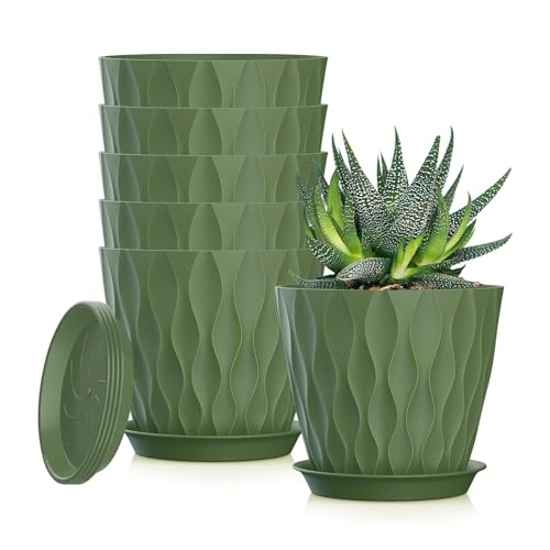 5 Inch Planter Pots, 6 Pack Indoor Planters, Small Flower Pots with Drainage Holes and Tray for Succulents, Orchids, Herbs and Other Indoor Plants (Green, 5inch) - color: Green, size: 5inch