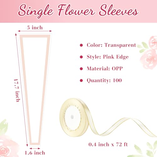 Mauproy 100Pcs Single Rose Sleeves with Pink Edges, Single Flower Bags with Ribbons Plastic Flower Wrap for Graduation, Flower Bars, Florist Supplies - color: Pink Edges