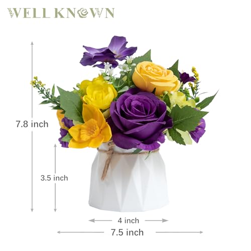 WELL KNOWN Small Fake Flowers in Plastic Vase 7" Centerpieces Coffee Table Decor, Silk Flower Arrangements for Home Decor Indoor Artificial Flower Bouquet for Dining Room Kitchen Wedding Yellow Purple - color: Purple & Yellow