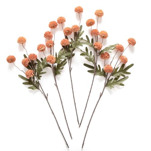 Laelfe Artificial Pompon Mum Burnt Orange, 5Pcs Fake Kiku Flowers Silk Small Mini Chrysanthemum Ball Faux Mum Decor for Vase Filler DIY Bouquet Centerpieces Arrangements Shower(Burnt Orange) - color: Burnt Orange