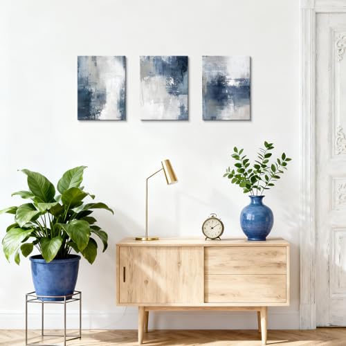 WENGTIAO 3 Pcs Navy Blue Abstract Canvas Wall Art Prints Modern Minimalist Blue Gray Artwork for Walls Framed White Neutral Poster Paintings Decor for Living Room Bedroom Bathroom Office 12x16x3Pcs - color: Abstract-blue, size: 12"x16"x3Pcs