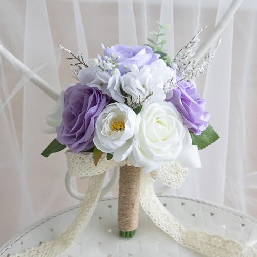 Wedding Bouquets for Bride Bridesmaid, Artificial Lilac Bride Flower Bouquet for Wedding Church Decoration Ceremony, Anniversary, etc, Roses Flowers - color: Lilac & White & Ivory