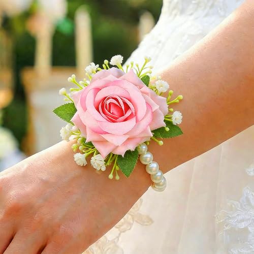 Wedding Corsage Wristlet Red Rose Wrist Corsage for Women (Pink) - color: Pink