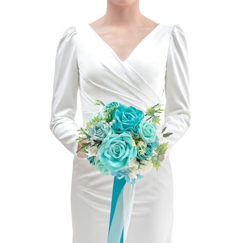 TINGE TIME 9 inch Bridal Bouquets for Bride, Artificial Silk Flowers Tossing Bouquet, Bride Bouquets for Wedding,Ceremony, Anniversary (TealBlue) - color: Teal Blue