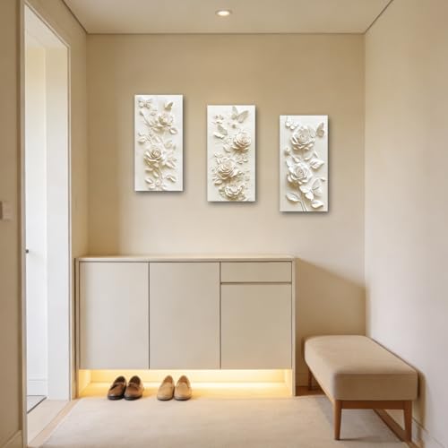 SWQYLB 3 Panel Flower Wall Art 3D Relief Floral Canvas Painting Abstract Butterfly & Rose Pictures Prints White & Beige Textured Decor for Home Framed (Beige, 32x16inchx3 Pieces) - color: Beige, size: 32x16inchx3 Pieces