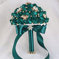 One Big Size(8.26") Gold Diamond Bridal Wedding Bouquet Bridesmaid Toss Bouquet Foam Rose Bouquet with Ribbon W666-21 Emerald Green - color: Emerald Green