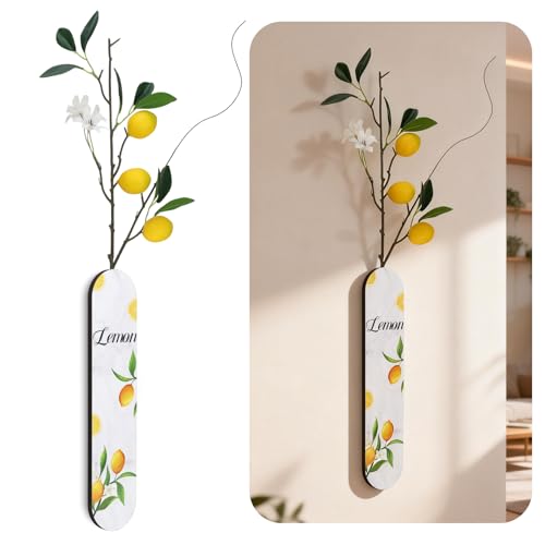 Woration 1PC Wall Mounted Wood Lemon Theme Decoration Fake Plant Hanging Wooden Plaque Vase Planter with Artificial Fruit Branche Art Wall for Bathroom Bedroom Kitchen Office Home - White - color: Artificial Lemon Branche