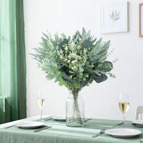 100 Pcs Mixed Artificial Eucalyptus Stems Leaves Bulk, 4 Kinds Faux Greenery Silver Dollar Leaves for Wedding Vase Bouquet Floral Arrangements