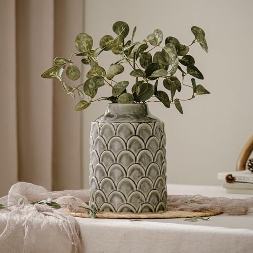 Ceramic Flower Vase, 7.28” Rustic Farmhouse Decorative Vase for Home Decor, Gray Textured Pottery Vase for Pampas Grass, Living Room, Entryway, Mantel, Kitchen Table, Centerpiece - color: 202-grey