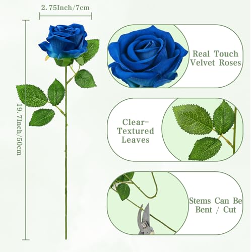 Waipfaru 50 Pcs Blue Roses, Fake Roses Artificial Velet Flowers for Valentines Mothers Day Wedding Centerpieces Decor (Royal Blue) - color: Royal Blue, size: 50 Pcs