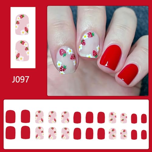Flower Press on Nails Short Square Fake Nails Red False Nails with Cute Flowers Designs Strawberry Full Cover Stick on Nails Glue on Nails Summer Nails Acrylic Nails for Women Girls 24 Pcs - color: Flower Square40