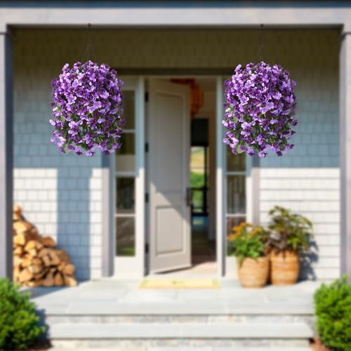 INQCMY Artificial Fake Hanging Flowers Plants with Basket for Spring Summer Outdoor Decoration,Faux Silk Begonia in Planter UV Resistant Look Real for Home Porch Yard Patio Balcony Decor - color: Purple Orchid