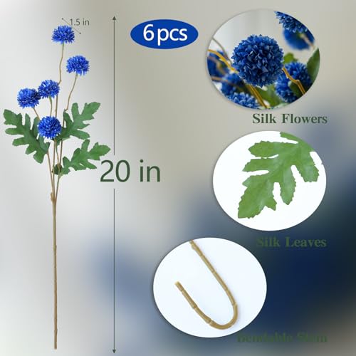 mizii 6Pcs Blue Fake Silk Pompon Mum Artificial Flowers Bulk Small Faux Chrysanthemums with Stems Realistic Floral Decorations for Wedding DIY Bouquet Centerpieces Shower Vase Home Decor (Royal Blue) - color: Royal Blue