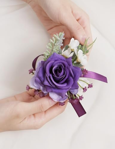 Alizeal 2Pcs of Wrist Corsage and Boutonniere Set, Artificial Flowers Accessories Suit Decor for Wedding Prom Party Homecoming Ceremony, Purple - color: 701-purple