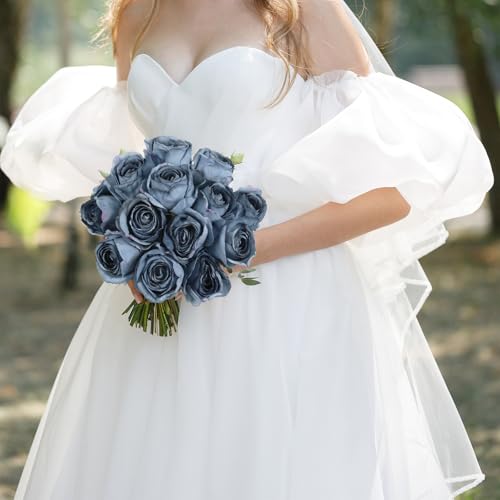 12Pcs Dusty Blue Roses Artificial Flowers 20" Vintage Silk Fake Roses for Vases Realistic Faux Roses Bouquet for Wedding Table Centerpieces Home Decorations DIY Party Arrangements (Dusty Blue) - color: Dusty Blue