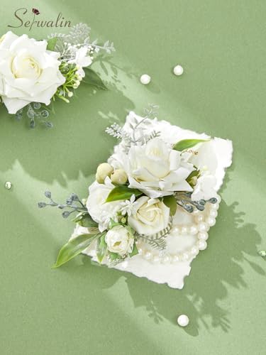 Serwalin 2Pcs Corsage and Boutonniere Set,White Rose Corsage Wristlet and Pocket Boutonniere for Prom Wedding Homecoming Anniversary Graduation - color: Athens White