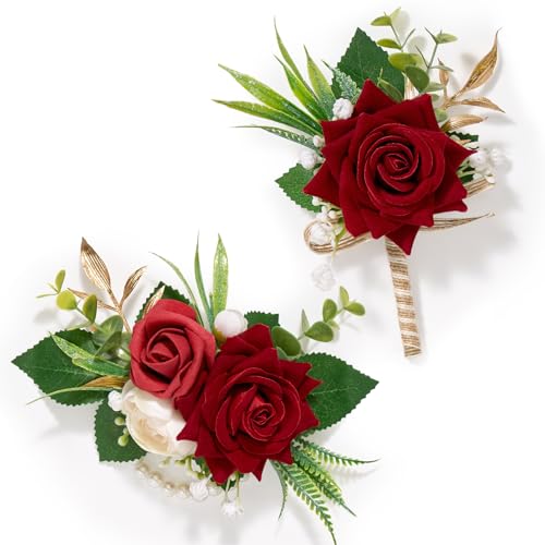 Serwalin Red Rose Corsage and Boutonniere Set, Boutonniere for Men and Wrist Corsage Wristlet Prom Homecoming Wedding Flowers Accessories Party Suit Decorations (red) - color: Red, size: 1 Boutonniere & 1 Wrist Corsage - 2pcs