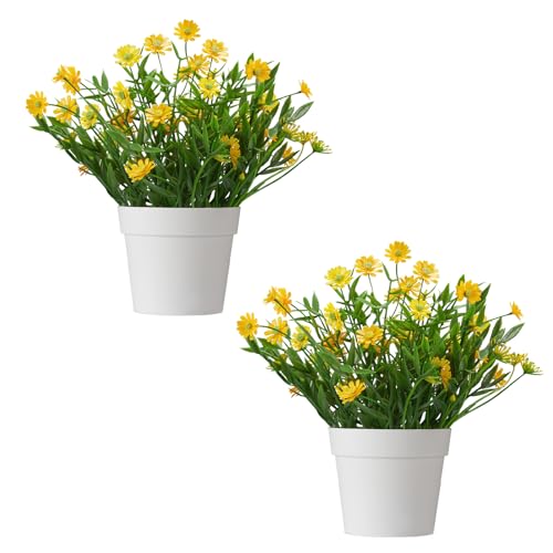 Fake Plants Daisy for Bathroom Decor, Small Potted Artificial Plants Indoor for Shelf Desk Home Bathroom Farmhouse Room Coffee Table Decor, Yellow (Pack of 2) - color: Yellow