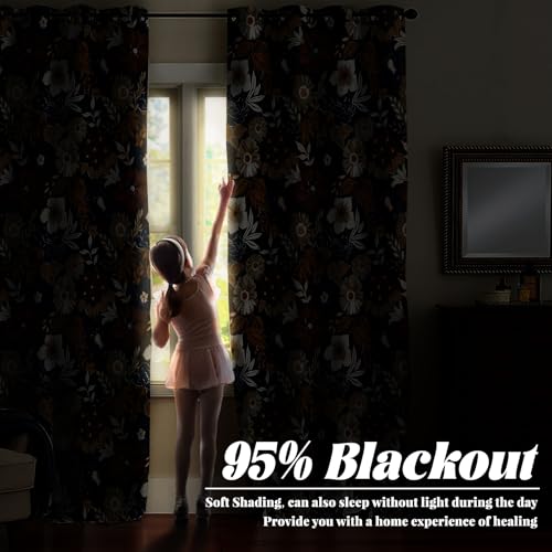 Renaiss Bohemian Floral Blackout Curtains, Blue Brown White Flower Thermal Insulated Bedroom Window Curtains, Boho Style Patterned Window Curtains for Kitchen, 45" L x 29" W 2 Panel Set - color: Brown, size: 29"W x 45"L (Pack of 2)