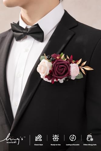 Ling's moment Pocket Boutonniere Single, Boutonniere for Men Groom for Wedding, Prom, Homecoming, Anniversary, Graduation, etc.Marsala Blush, 6" W x 5" H - color: Red-marsala & Blush, size: 6" W x 5" H