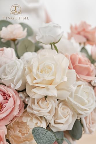 TINGE TIME 11 Inch Wedding Bouquets for Bride，Champange&Pink Artificial Flowers Bouquet， Brides & Bridesmaids Bouquet Tossing Bouquet for Wedding Anniversary Ceremony Bridal Shower Decorations - color: Dusty Rose & Champagne