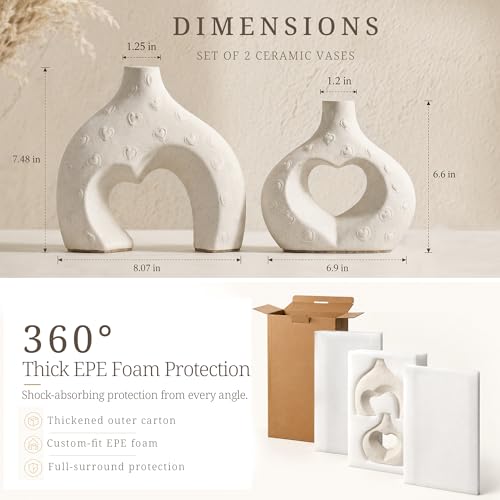 Ceramic Heart Flower Vase Home Decor Set of 2, Farmhouse Table Vases Rustic Vintage Living Room Kitchen Bedroom Decorations for House Book Shelf Office Coffee Desk Dining Fireplace - color: Large Cream White