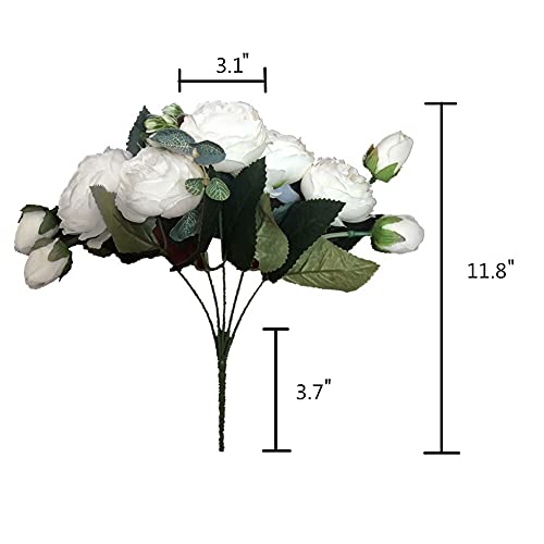 Artificial Peony Flowers Silk Peony Rose Real Touch Fake Flowers 3pcs Single Stem with 5 Heads Bouquet for Home Wedding Party Decoration (White) - color: White