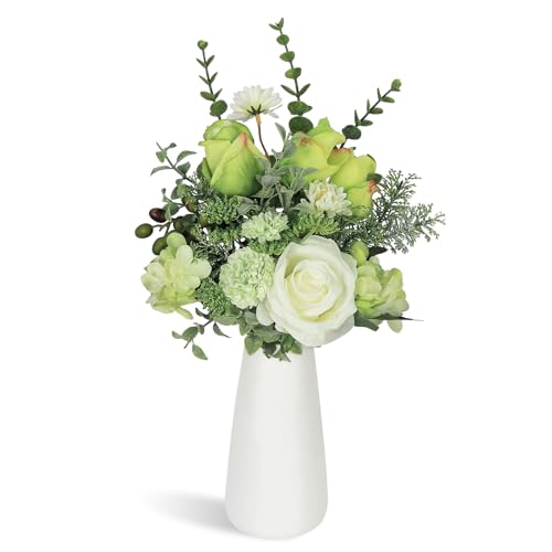 Small Faux Flower Bouquet in White Ceramic Vase (15.75" Tall) - Green & White Artificial Floral Arrangement for Coffee Table Centerpiece, Bathroom & Office Desk Decor - color: Green + Small
