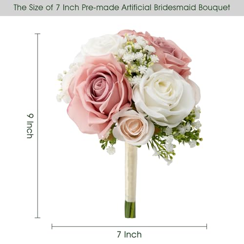 Wedding Bridesmaid Bouquets Set of 2, Artificial Silk Flowers Arrangement for Ceremony Marriage Proposal Party Anniversary Decorations - Dusty Pink & White - color: Dusty Pink & White, size: Set of 2 Bouquets