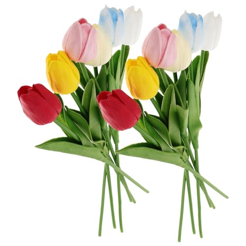 12pcs Real Touch Faux Tulips Bouquet, Mini Pu Silk Artificial Flowers Set with 6 Colors, Decorative Fake Tulip Stems for Home Décor, Photography Props, Wedding Party Arrangement