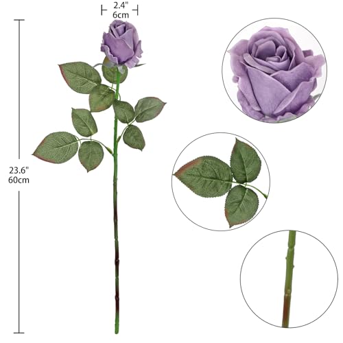 Artificial Realistic Roses Lilac Flowers 24" Real Touch Silk Roses Bouquet Long Stems Rose Fake Roses Decor for Home Party Wedding Table Centerpieces Roses Realistic - 5 Pcs - color: Lilac