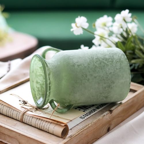 SHMILMH Glass Flower Vase with Handle – 8 Inches Rustic Imitation Ceramic Vase for Flowers, Vintage White Green Centerpiece Decor for Farmhouse, Modern Home, Table & Holiday Decorations - color: White Green
