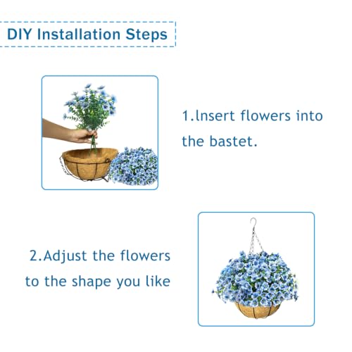 Artificial Hanging Flowers for Outdoors with Basket,UV Resistant Realistic Faux Hanging Plants Outdoor Artificial Flowers for Outdoors Basket for Yard Porch Patio,12 Bundles(Blue White) - color: Blue and White