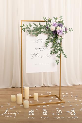 Ling's moment Wedding Artificial Welcome Sign Flowers Swag Arch Floral Garland Decorations Lilac Gold for Ceremony Reception Entrance Entryway Party Banquets Easel Wall Home Outdoor(NOT Include Sign) - color: Lilac & Gold