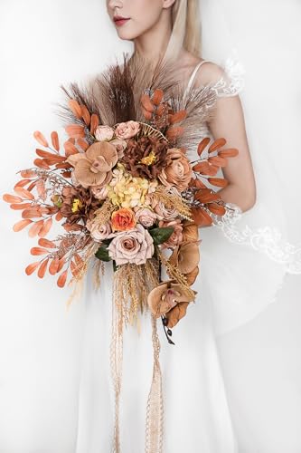 Lisuun Wedding Bouquets for Bride, 16 Inches Wedding Flower Bouquet, Silk Round Bridal Bouquet for Wedding, Ceremony, Anniversary - color: Light Coffee&dark Coffee