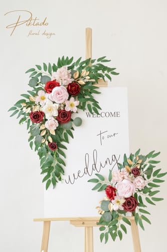 Faux Flower Swag Set of 2 for Wedding Welcome Signs Floral Swag Wedding Reception Ceremony Signs Decor (A-Burgundy Pink) - color: A-burgundy Pink