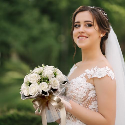 LEIFENY Wedding Bouquets for Bride, Ivory White Bridal Bridesmaid Wedding Flowers, Artificial Toss Rose with Silk Ribbon for Civil Ceremony