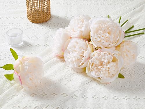 SITUMEIZI 10PCS Artificial Peony Flowers, Real Touch Fake Silk Bouquet with Stems for Home Mothers Day Wedding Party Centerpieces Table Decoration Indoor(Ivory White) - color: Ivory White