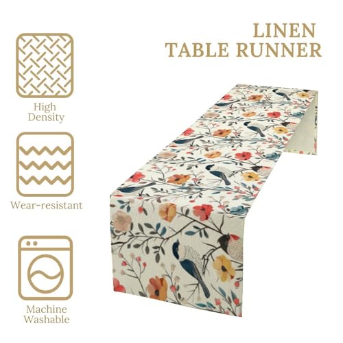 Spring Bird Floral Table Runner,Birds Table Runner Burlap Table Decoration for Summer Seasonal Home Kitchen Dining Dinner Indoor Holiday Farmhouse Decor 13x36 Inch - color: Bird_15, size: 13x36inch