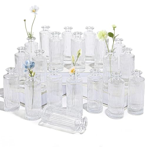 Glass Bud Vases Set of 20, Living Bud Vases, Small Bud Vase in Bulk, Mini Flowers Vases for Centerpiece, Vintage Decorative Vase Set for Table Decorations, Wedding Reception, Home Decor (Clear) - color: Clear