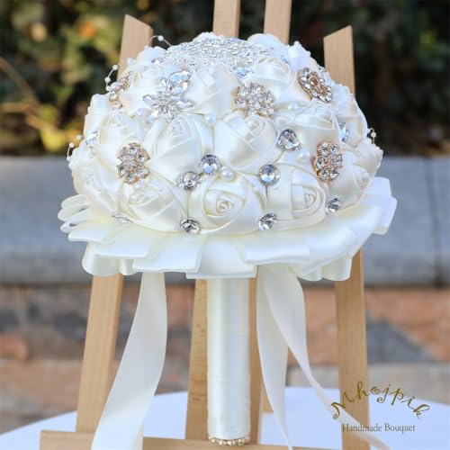 8.7" Ivory Bridal Wedding Bouquet Round Holding Bouquet Throw Toss Artificial Rose Flower Bunch for Bride Bridesmaid Wedding Quinceanera - color: Ivory, size: Medium (Dia. 8.7"/22cm)