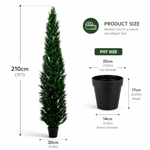 7 Feet Outdoor Artificial Topiary Cedar Tree, Set of 2 UV Resistant Potted Faux Cedar Trees for Outdoors and Indoors, Decorative Fake Shrubs Topiary Trees for Home Living Room Front Door Decor - size: 7ft