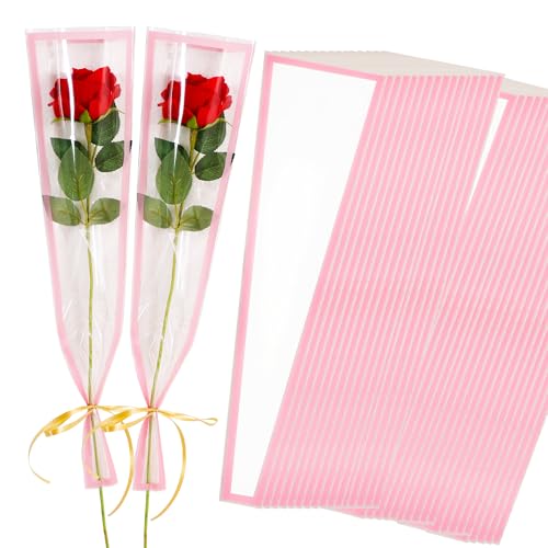 BEISHIDA 100 PCS Single Rose Sleeve Single Flower Wrapping Bags Single Rose Packaging Cellophane Flower Sleeves for Florist Bouquet Supplies, Mother's Day, Valentine's Day,Wedding Gift(White Edge) - color: single-pink