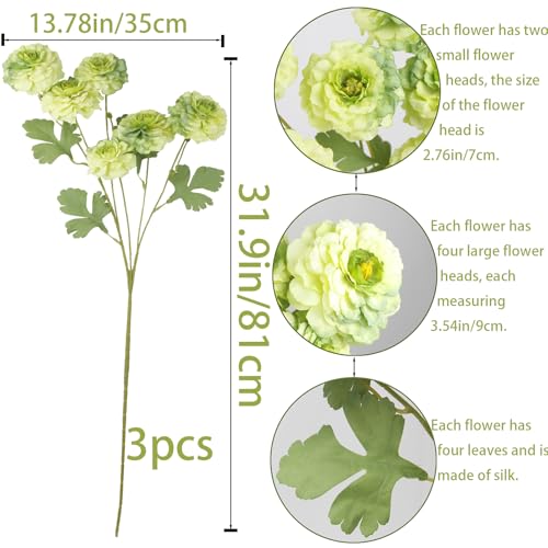 3 Pcs Artificial Flowers Spring Summer Green Zinnia Silk Flowers with Long Stems Zinnia Elegans Artificial Flowers for Outdoors Floral Arrangements Table Centerpieces Wedding Party Home Decor - color: Green