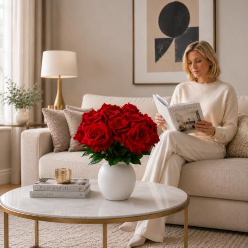 6 Stems Real Touch Artificial Roses, 22.5in Long Stem Faux Silk Rose Bouquet with 4in Blooms and 3in Buds, Red Fake Roses for Wedding Bouquets, Centerpieces, Vase and Home Decor - color: Red