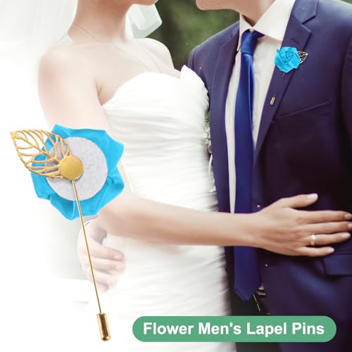 M METERXITY 1-Pack Flower Lapel Pins for Men, Golden Leaf Rose Boutonnieres Pin Groom Boutonnieres for Wedding/Dance/Party, Men Lapel Pins for Suits Satin Flower Corsage [Blue] - color: Blue