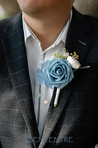 Dusty Blue Boutonniere for Men,Prom boutonnieres,Navy Blue,Groom and Groomsmen Boutonniere for Wedding Ceremony Anniversary, Formal Dinner Party and Grad Night (Set of 6) - color: Dusty Blue, size: set of 6