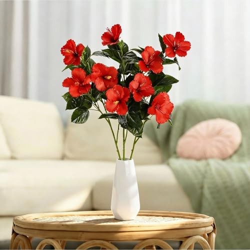 Hotop 3 Pack Artificial Hibiscus Flowers 33"x13" Silk & Plastic Tropical Bouquets Lifelike Blooms with Bendable Stems Faux Hawaiian Flowers for Home Living Room Wedding Patio (Red) - color: Red