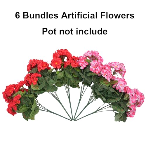 Fake Geraniums Artificial Flowers for Outdoors, 6 Bundles Silk Geraniums Flowers Realistic UV Resistant Fake Plants Faux Flowers for Outside Planters Front Door Garden Balcony Yard Porch Indoor, Mix - color: 3 Red, 3 Pink